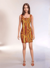 Ame dress by Blissfully Brand in bold ethnic-inspired fire print with red, yellow, and orange patterns – perfect for a chic and vibrant look.